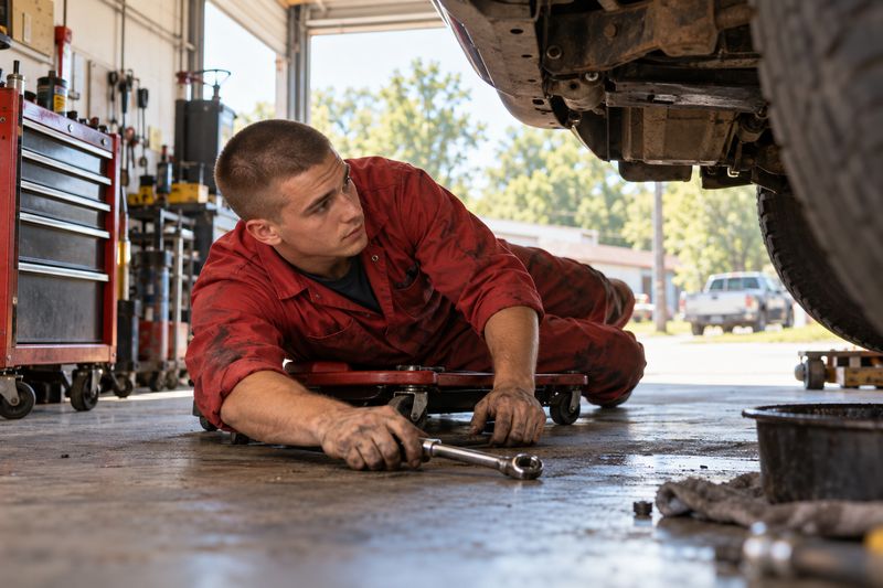 Mechanic working under a raised vehicle