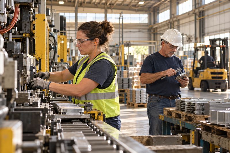 Workers running machines on a factory floor