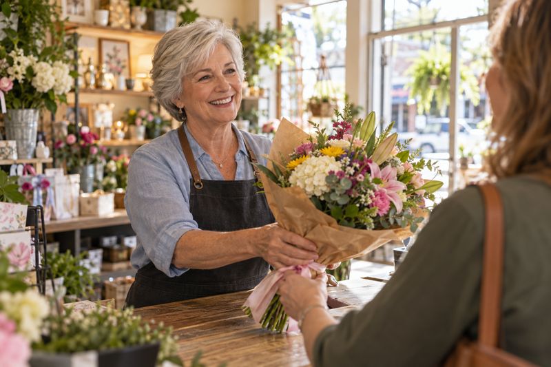 Florist handing a bouquet to a customer