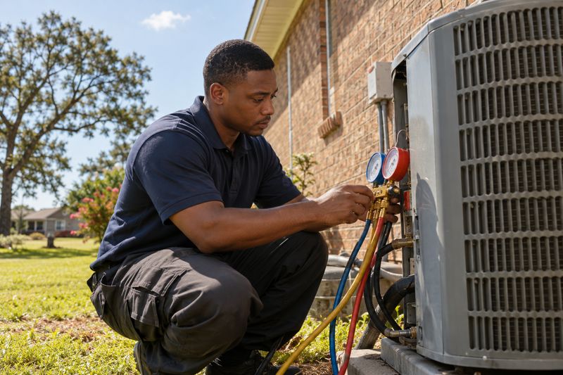 HVAC technician checking an outdoor air conditioner