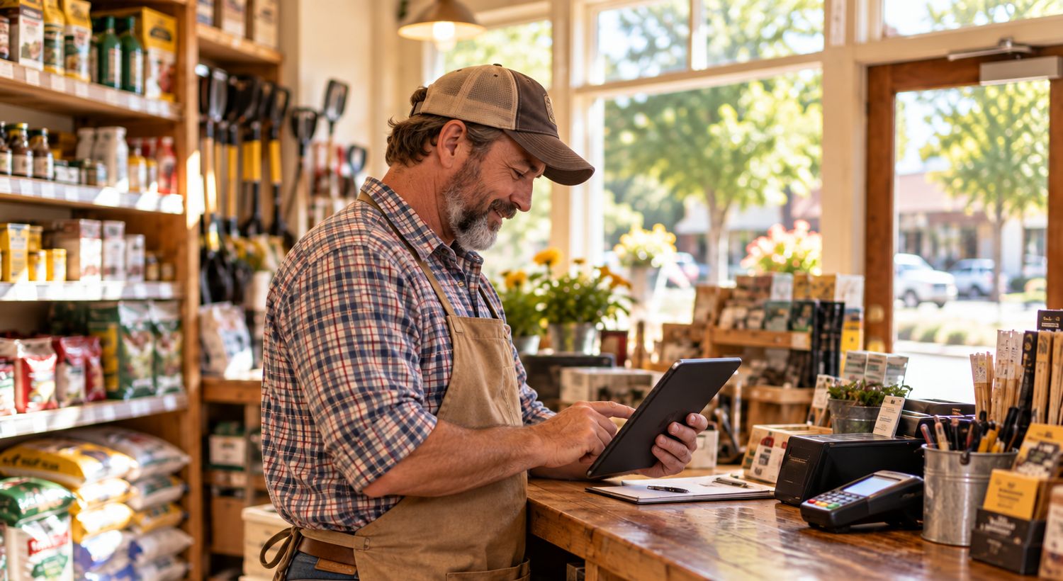 Local shop owner checking his tablet at the front counter